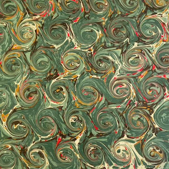 Hand Marbled Paper French Curl Pattern in Green and Red ~ Berretti Marbled Arts